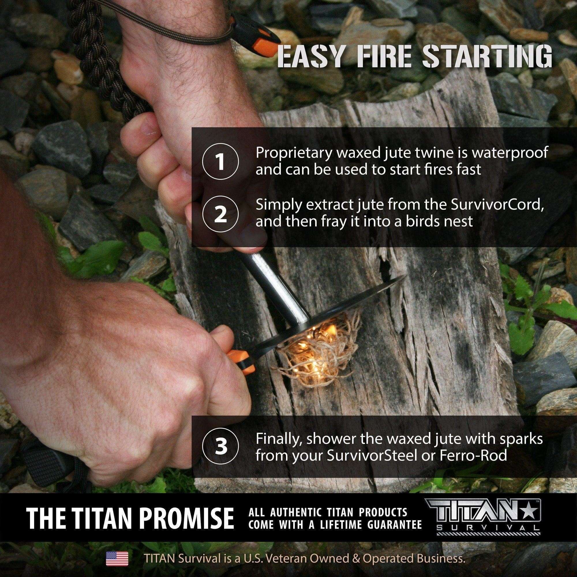 SurvivorCord Olive Drab paracord with waterproof jute fire tinder in use for fire starting.
