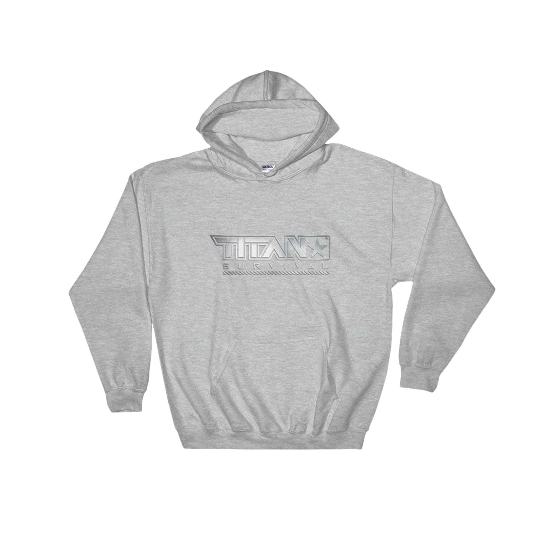 Gray TITAN Survival Hooded Sweatshirt with front pocket and logo, showcasing durable and cozy design.