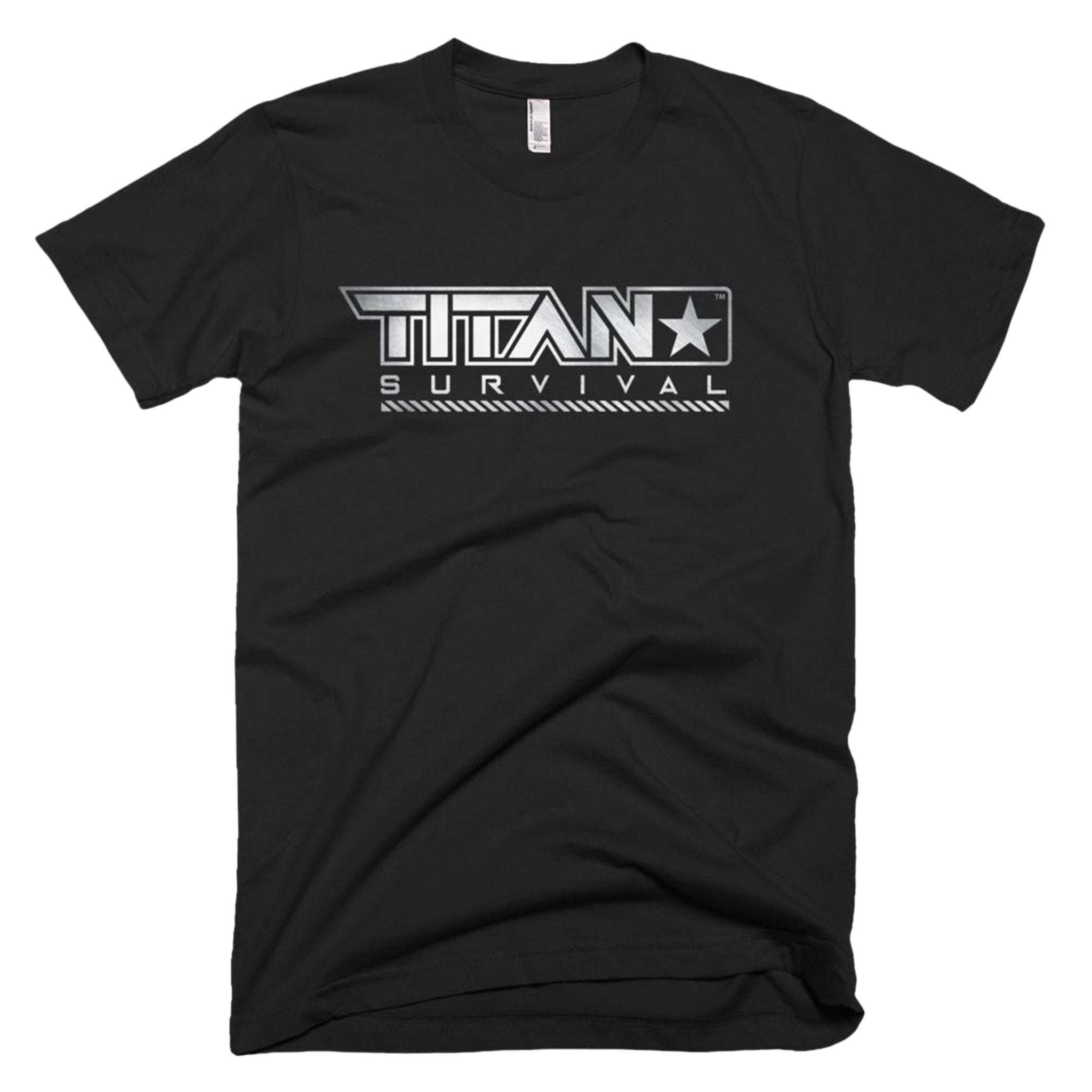 TITAN Survival Men's T-Shirt featuring logo, slim-fit black jersey, American-made quality.