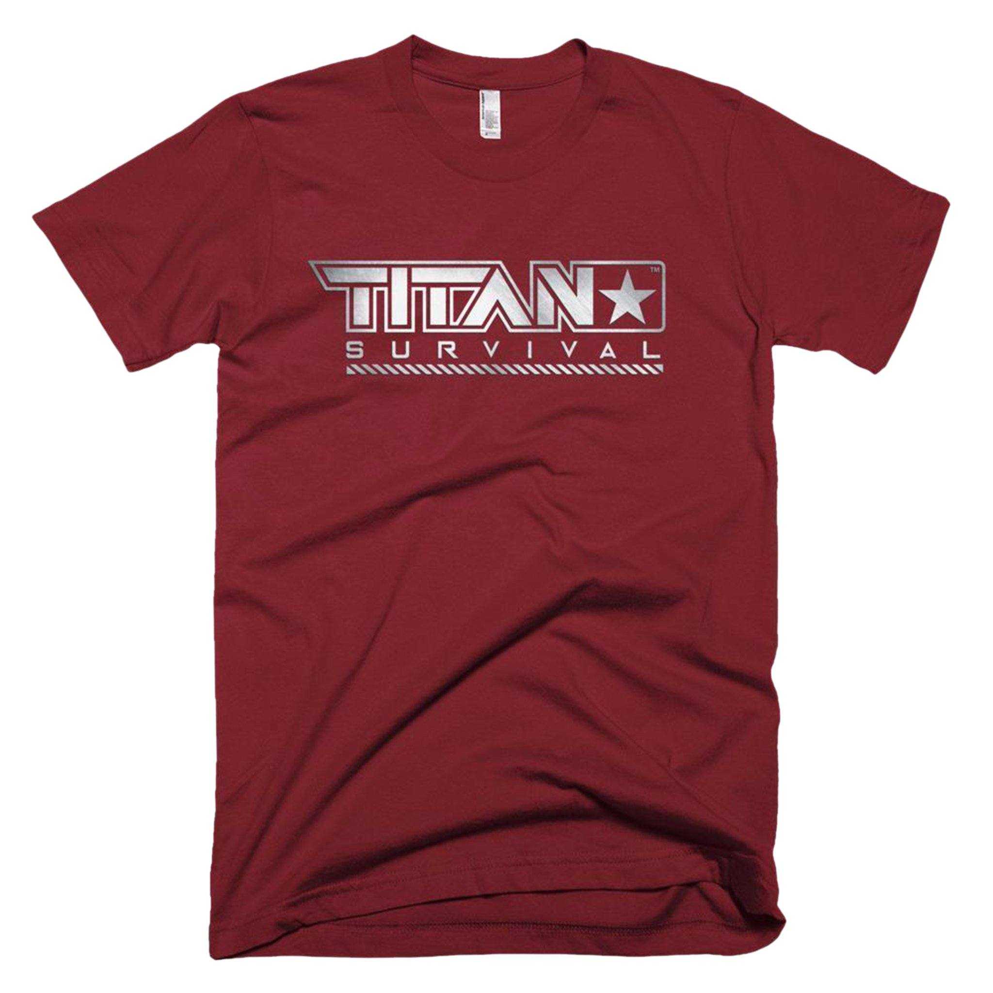 TITAN Survival Men's T-Shirt, slim fit, maroon, bold logo, 100% jersey cotton, American-made.