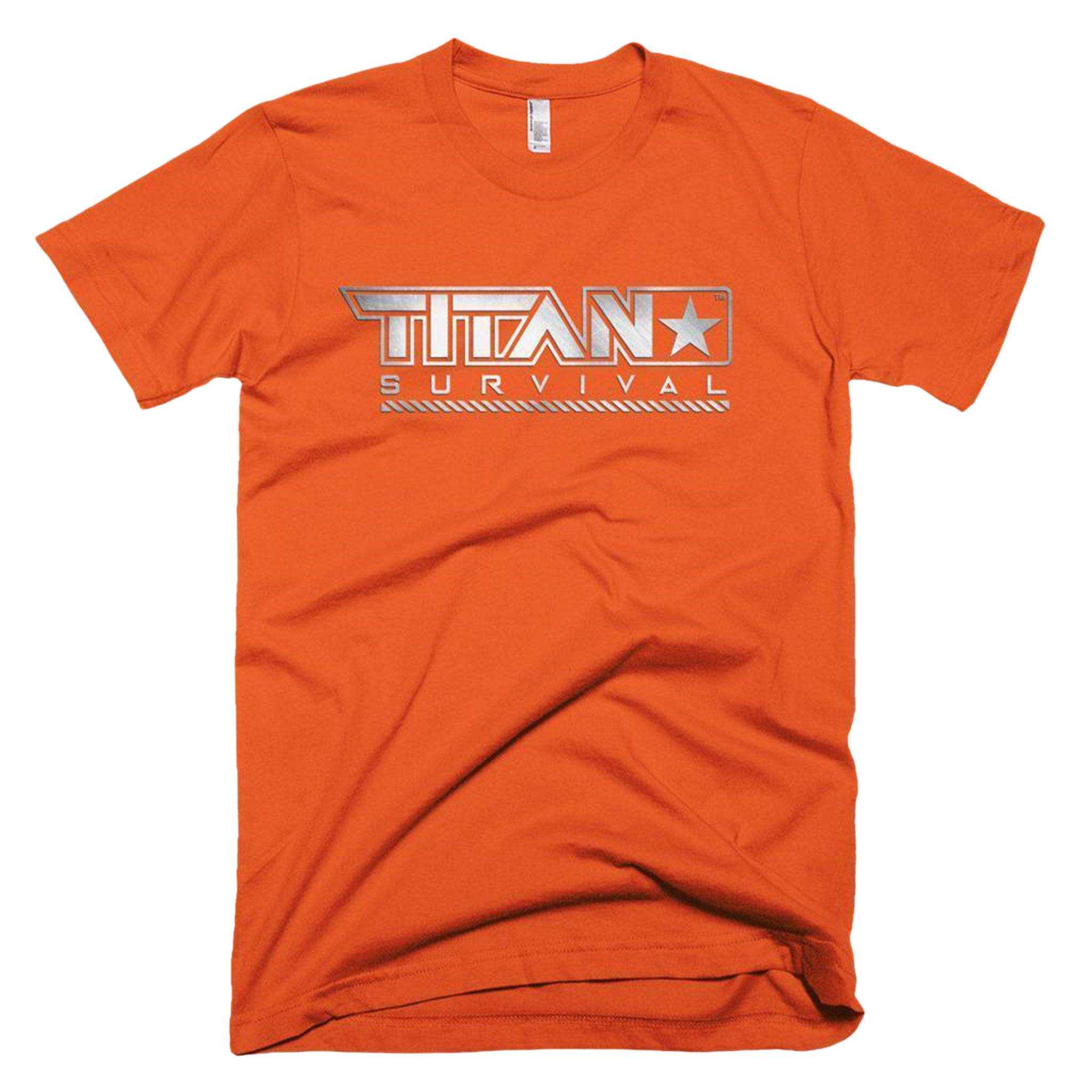 TITAN Survival Men's T-Shirt, orange, slim fit, 100% jersey cotton, bold logo, made in USA.