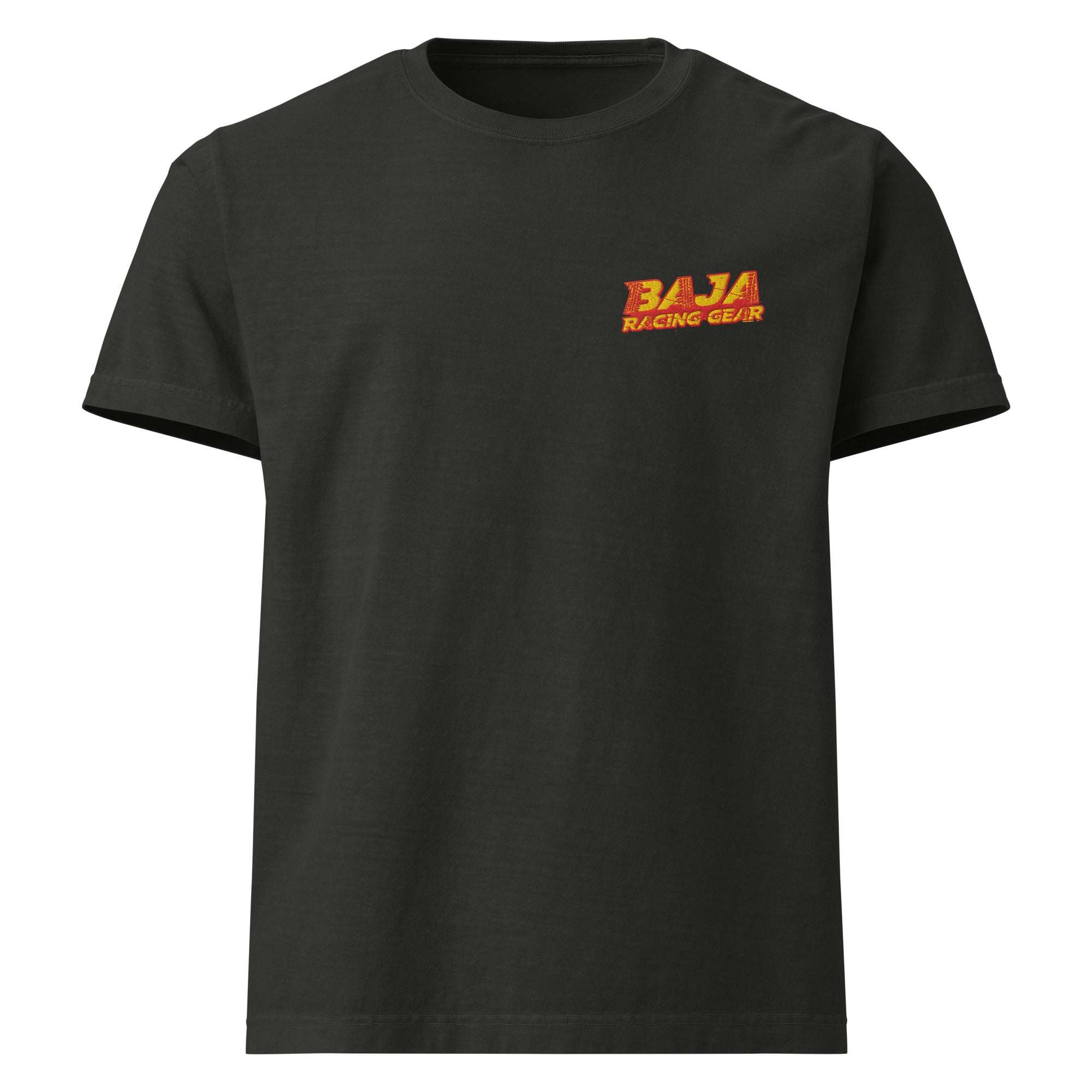 Unisex oversized black t-shirt with Baja Racing Gear logo, 100% cotton, vintage-washed look, heavyweight fabric.