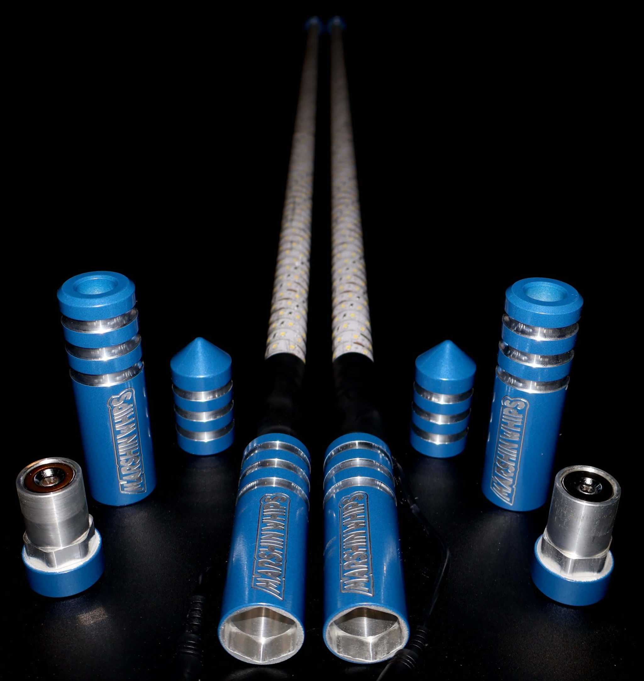 Blue Game Changer Whips set with LED light strips and magnetic bases for off-road use