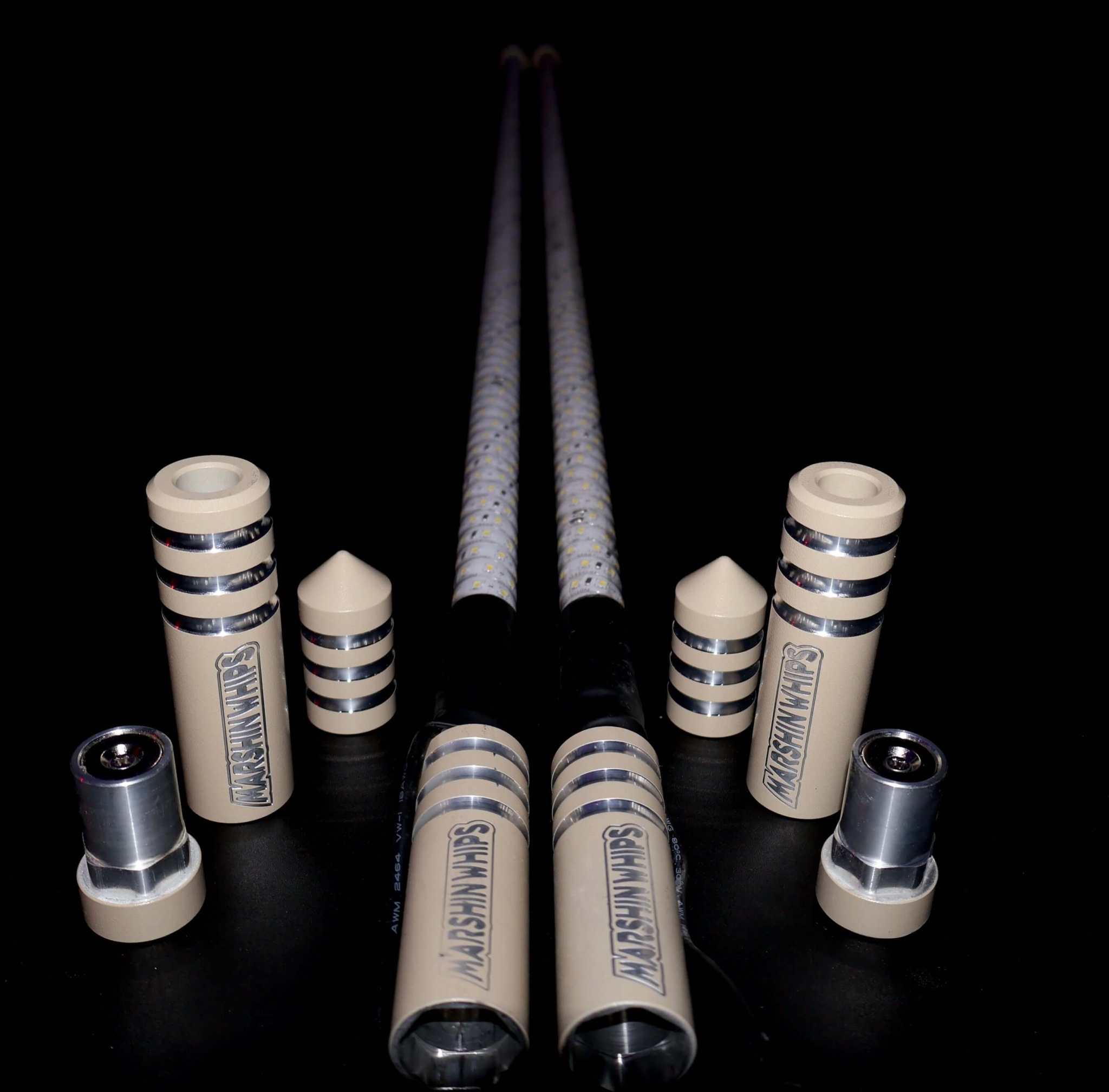 Game Changer Whips Tan Edition off-road LED whips with magnetic base and 5/8-inch internal rod for rugged durability and customizable lighting.