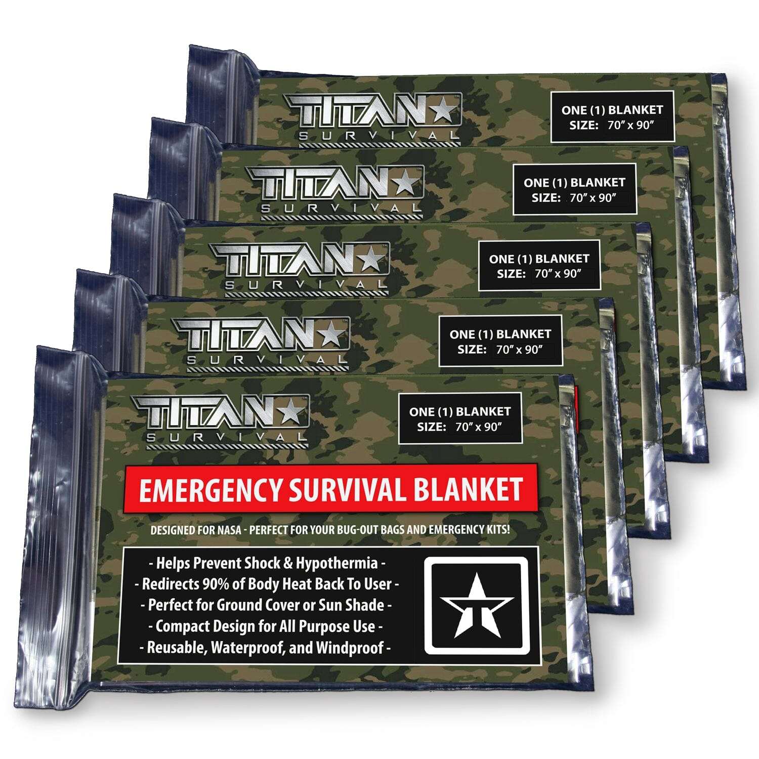 XL Mylar Emergency Survival Blankets 5-Pack - Durable, reusable, NASA-inspired material for high heat retention, waterproof and windproof protection.