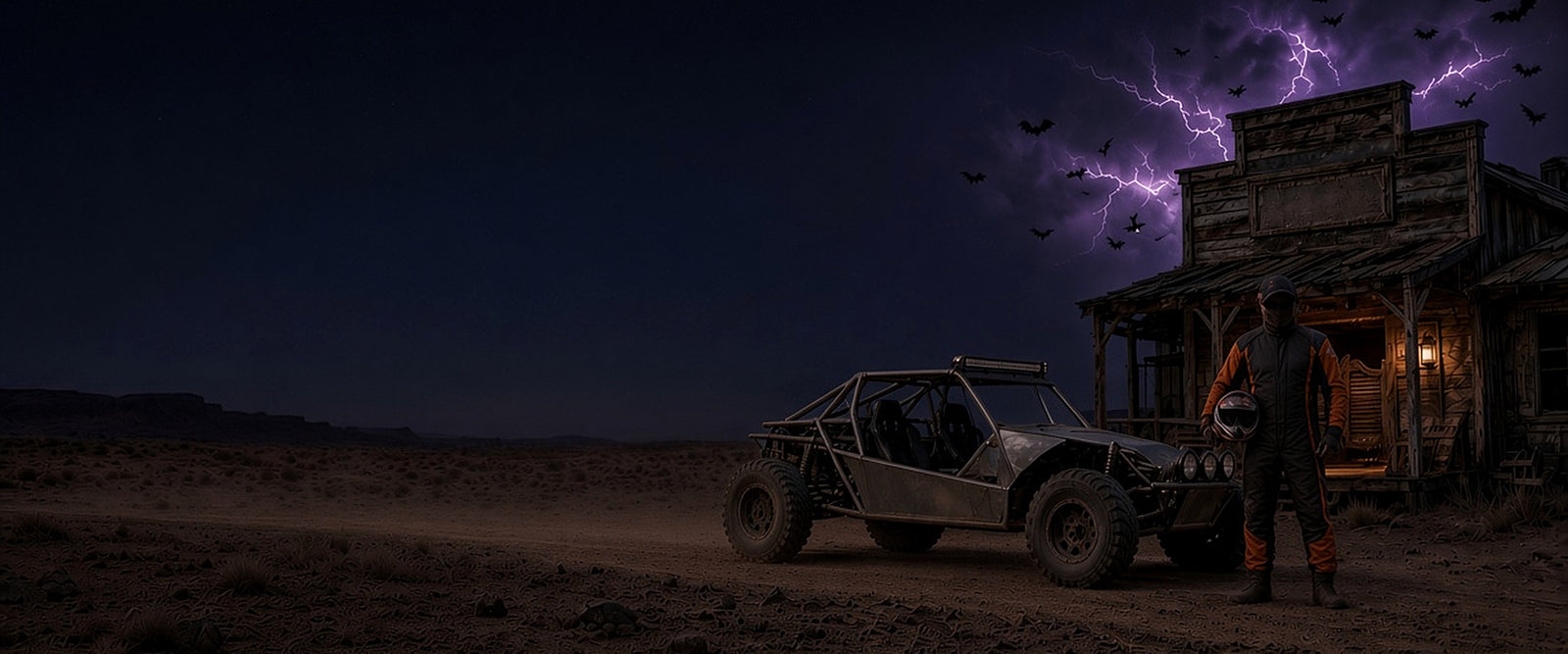 Racer holding his helmet beside a parked tube-cage buggy outside a ghost-town saloon under purple lightning
