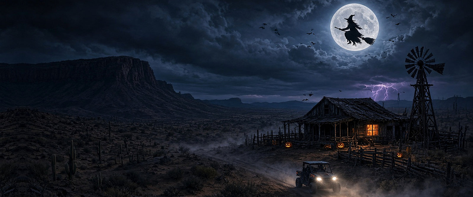 Haunted desert ranch at night with a small UTV on the trail, pumpkins and a witch on a broom across the full moon